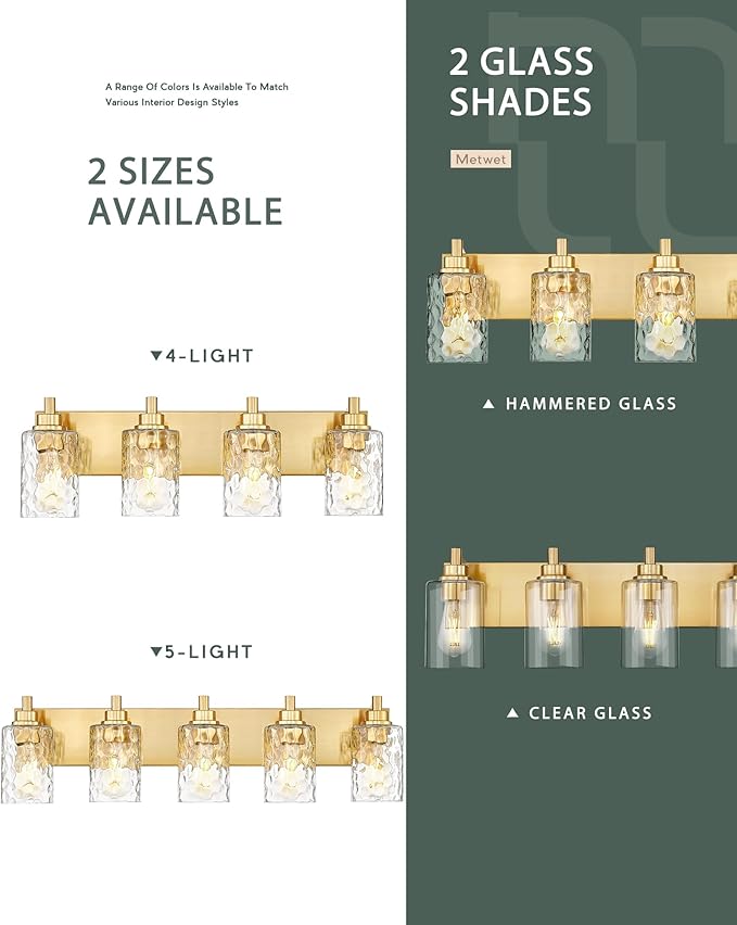 5-Light Bathroom Light Fixtures, 30 Inch Brushed Gold Vanity Lights with Clear Hammered Glass Cylinder Shade, Modern Vanity Lighting Fixture Over Mirror, VL198-BG-5
