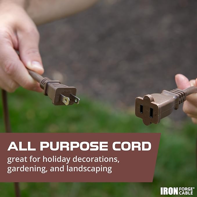 Iron Forge Cable 2 Prong Outdoor Extension Cord 50 ft, 16/2 SJTW 50 Foot Brown Extension Cord, Weatherproof - Great for Outdoor Lights, Deck, Patio