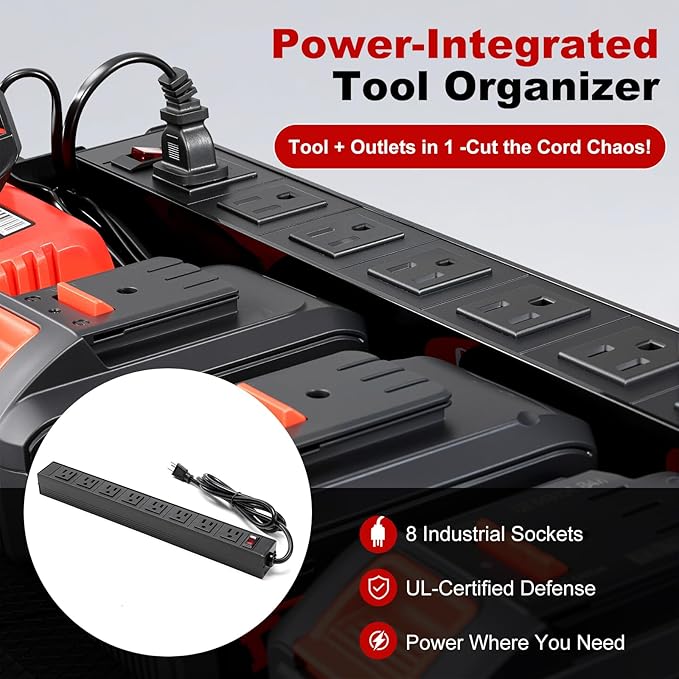 3 layers power tool organizer Loads 150lbs with 4 Cordless Drill Holder and 8 Outlet Power Strip,it’s good choice for husband birthday gift,black