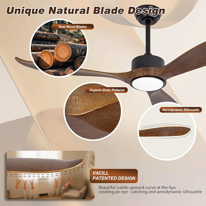 52inch Brown Wood Ceiling Fan with Light and Remote, Silent DC Motor,6 Speed Levels, Dimmable Lights, 3 Blade Modern Ceiling Fans for Living Room Bedroom Farmhouse Patio,Indoor Outdoor Ceiling Fans