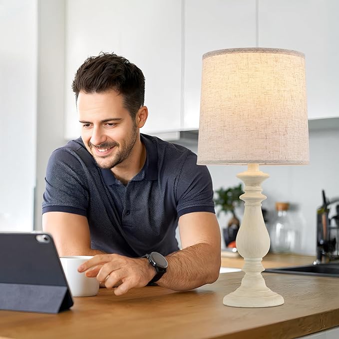 Lamps Set of 2 Vintage Rustic Farmhouse Table Lamps Bedside Reading Lamp Bedroom Nightstand Living Room Teapoy Lamp, Desk Light, 22 Inch High, White Wash, with Fabric Shade, Bulb Not Included