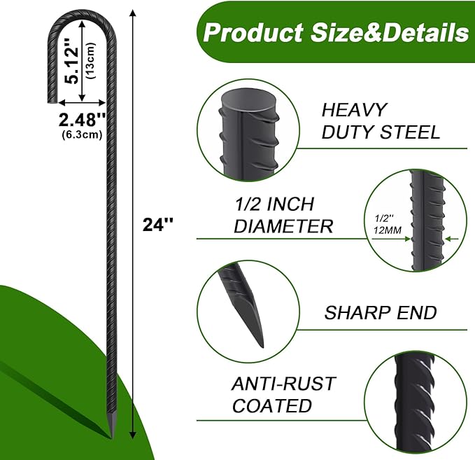 AAGUT 24Inch Rebar Stakes 20Pcs Heavy Duty 1/2 Inch J Hook Fence Anchors Curved Steel Garden Stake Yard Spikes with Sharp End for Camping Tent,Black Powder Coated