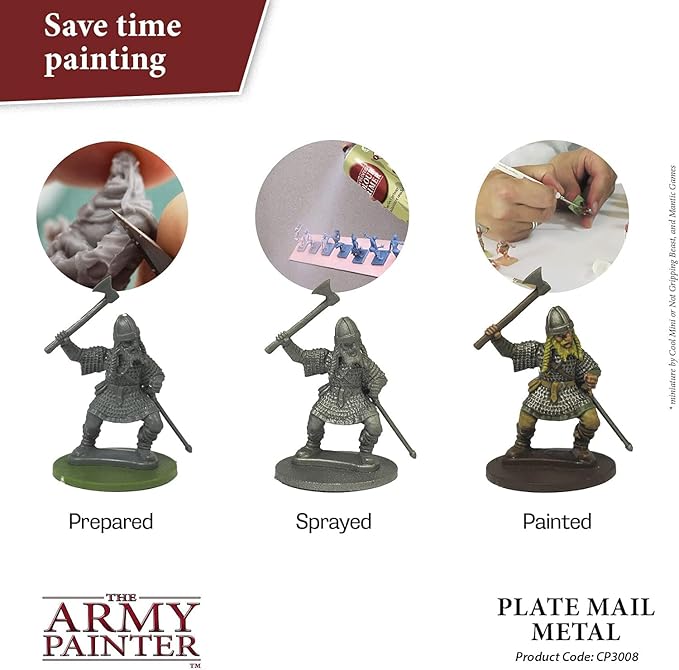 The Army Painter Colour Primer Plate Mail Metal, 400 mL Acrylic Spray Primer, Spray Paint Basecoat for Miniature Priming, Tabletop Roleplaying, Boardgames, and Wargames Miniature Modelling