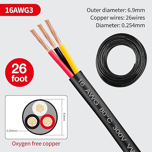 16 Gauge Wire 3 Conductor,16 AWG Electrical Wire Stranded PVC Cord Oxygen-Free Copper Cable,26FT 3 Core Pure Copper Flexible Cable Wire for LED Lamp Lighting Strips Automotive (16AWG-3C, 26FT)…