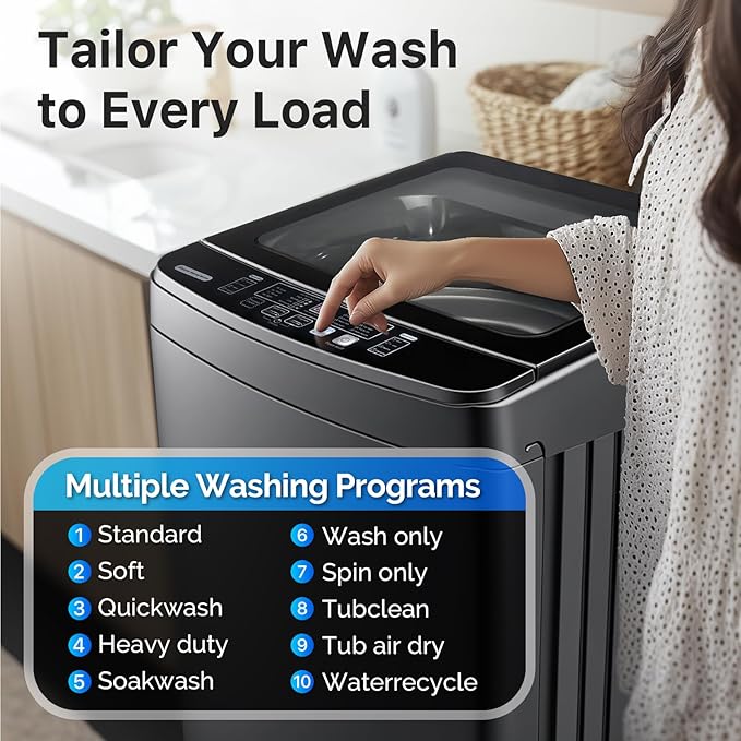 Portable Washing Machines 27 LBS Full Automatic Clothes Washer and Spinner Combo with 10 Program and 8 Water Level, Compact Laundry Wash Spin Dryer for Apartment RV Dorm, Grey