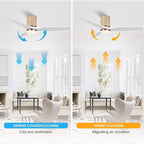 52" Ceiling Fan with Light - Low Profile Flush Mount Ceiling Fan, 6-Speed Remote Control, Solid Wood, Quiet Reversible DC Motor, White/Gold Finish, for Bedroom, Living Room, Porch