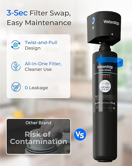 Waterdrop 15UB Under Sink Water Filter, Under Sink Water Filtration System for 2 Years, NSF/ANSI 42 Certified, Reduces PFAS, PFOA/PFOS, Lead, Under Sink Water Filter with Faucet, 19K Gallons