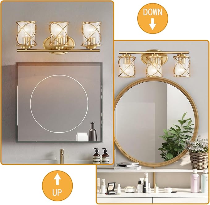 mavcadonf 3-Lights Bathroom Vanity Lights, Bathroom Light Fixtures Over Mirror, Brushed Gold Vanity Light, Farmhouse Wall Lights with Clear Glass Shade, Bathroom Wall Lamp for Mirror Kitchen Bedroom