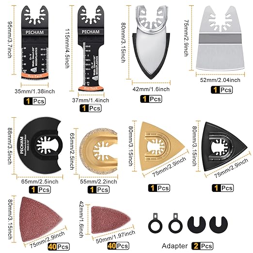 PECHAM 104 Pcs Oscillating Multi Tool Blade, Wood Metal Cutting and Sandpaper Oscillating Tool Accessories with Titanium Quick Tooth Japanese Tooth Multitool Blade Fit More Oscillating Tools