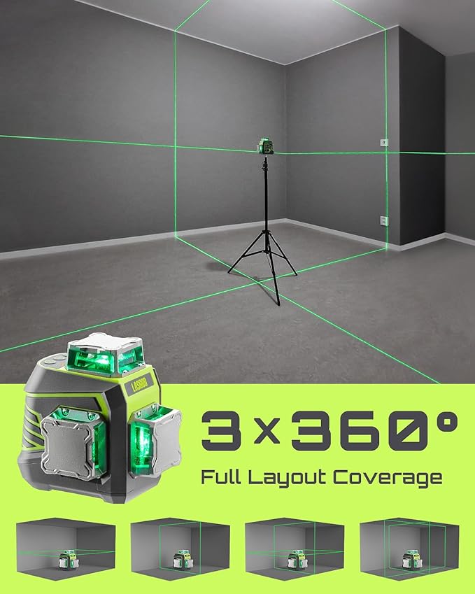 LasGoo Laser Level 3x360° Self Leveling, 3D Green Cross Line Laser for Construction and Picture Hanging, Rechargeable Battery, Remote Control, Magnetic Rotating Stand Included - LG-3Dx