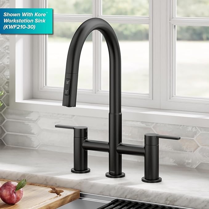 KRAUS Oletto Bridge Kitchen Faucet with Pull-Down Sprayhead in Matte Black, KPF-3122MB