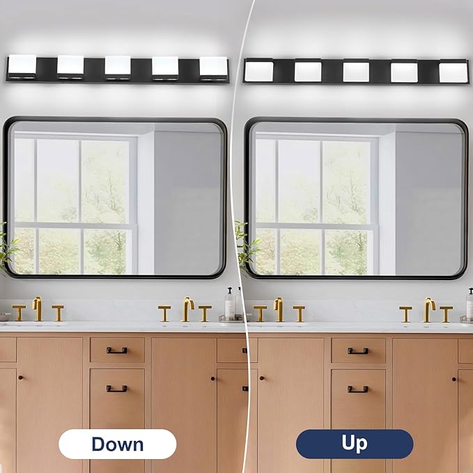 SineRise LED Modern Bathroom Vanity Light Fixtures (5-Light, 40-Inch,6000K), Matte Black Modern Acrylic Bathroom Wall Lighting Fixtures Over Mirror