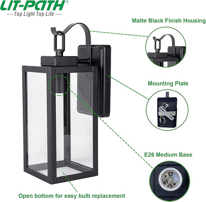 LIT-PaTH Outdoor Wall Lantern, Wall Sconce as Porch Lighting Fixture, E26 Medium Base Max 60W, Anti-Rust Metal with Glass Shade, Black, 2-Pack