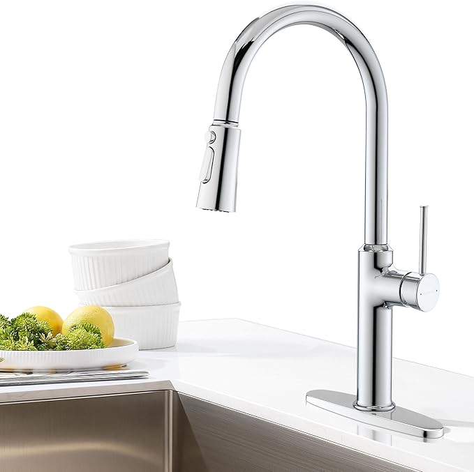 Polished Chrome Kitchen Faucets Solid Brass High Arc One-Handle Kitchen Faucet with Pull Down Sprayer,Kitchen Sink Faucets with Escutcheon