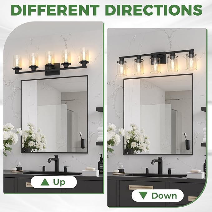 DORESshop Bathroom Light Fixtures, 5-Light Matte Black Bathroom Lighting Fixtures Over Mirror with Clear Glass Shade, Vanity Lights for Hallway Living Room Bedroom