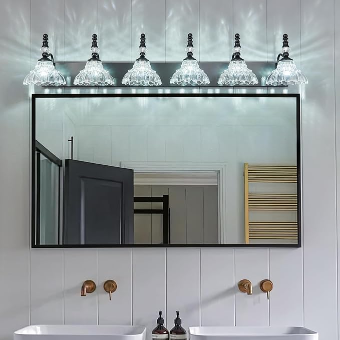 Vintage Bathroom Vanity Light, 6-Light Black Vanity Lighting Fixture with Flower Glass Shade, Bathroom Lighting Fixtures Over Mirror