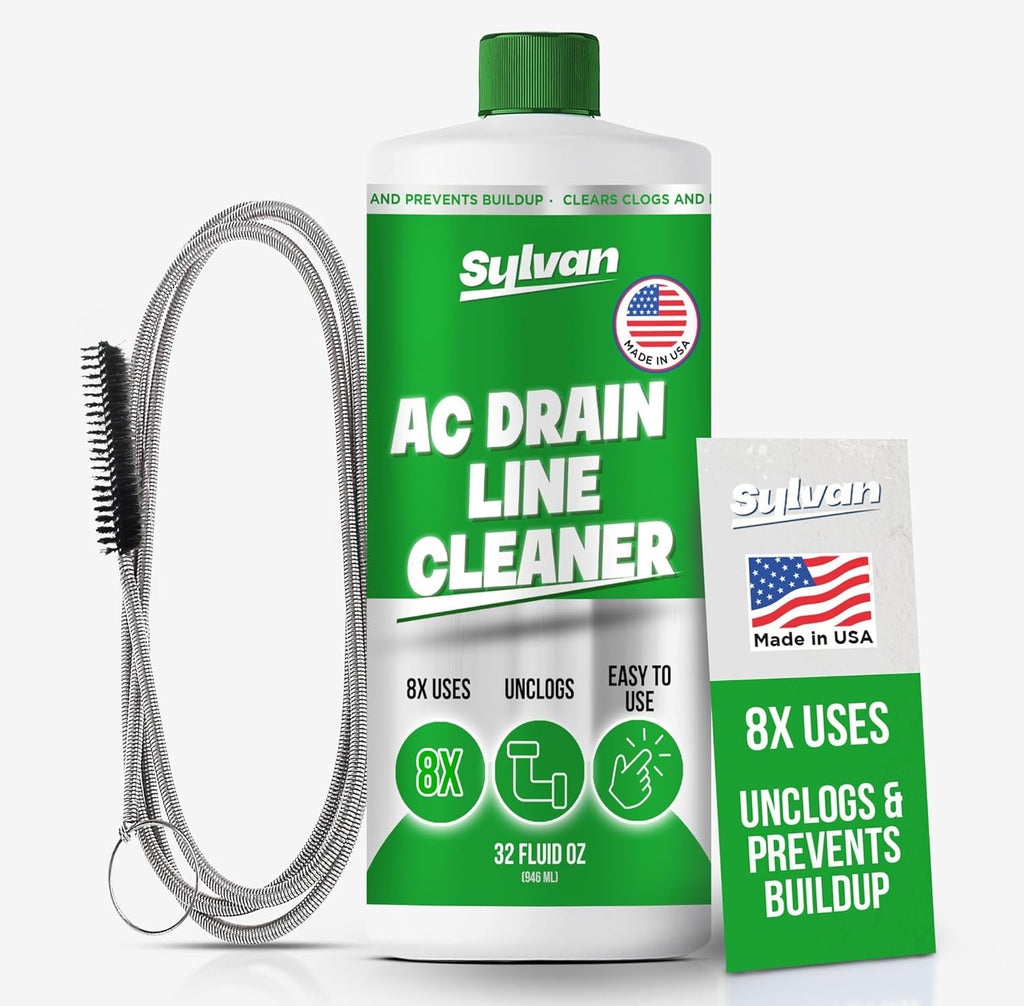Sylvan AC Drain Line Cleaner | Free XXL Drain Brush | 32 Oz | 12 Month Supply | Made in USA | Universal Compatibility | Removes Clogs and Buildup from HVAC Condensate Lines | Air Conditioner Unclogger