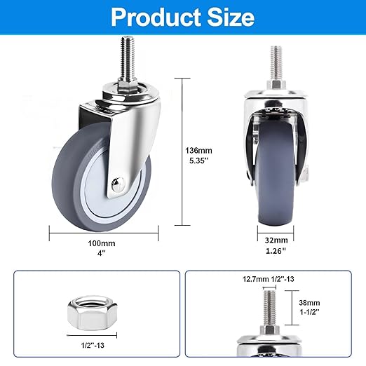 Stainless Steel Caster Wheels 4 inch, 1/2"-13x1-1/2 Threaded Stem Casters Set of 4, Non-Marking Slient TPR Rubber Wheels for Furnitures,Restaurants,Labs,Hospital