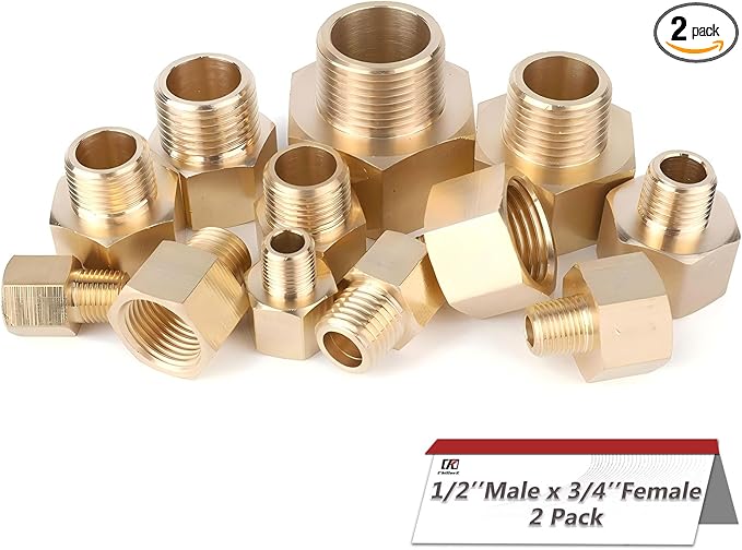 Hex Couplings, 1/2" x 3/4" NPT Male To Female Brass Hex Nipple Adapters, Brass Pipe Extension Fittings for Oil/Air/Water/Gas Systems. (2 Pack)