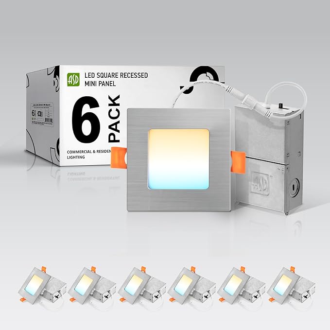 ASD 6 Pack LED Square Recessed Lighting 3 Inch, 5 CCT 2700K-5000K, 6W 30W Eqv, Ultra Thin Dimmable Ceiling Lights with J Box, Canless Wafer Downlight, Slim Panel Light, UL Energy Star, Brushed Nickel
