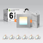 ASD 6 Pack LED Square Recessed Lighting 3 Inch, 5 CCT 2700K-5000K, 6W 30W Eqv, Ultra Thin Dimmable Ceiling Lights with J Box, Canless Wafer Downlight, Slim Panel Light, UL Energy Star, Brushed Nickel