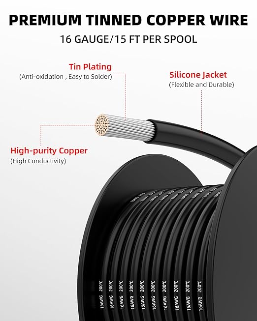 NAOEVO 16 Gauge Wire 90ft, 16 AWG Wire 6 Colors 15ft Each Spool, Flexible Silicone Tinned Copper Electrical Cable, Wiring kit for Breadboard/Automotive/DIY/Battery, 200℃