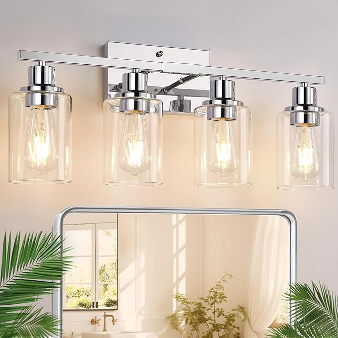 4 Light Bathroom Light Fixtures, Chrome Vanity Lights with Clear Glass Shades, Modern Bathroom Light Fixtures Over Mirror, Modern Bathroom Wall Lamp for Mirror Living Room Cabinet