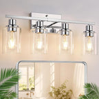 4 Light Bathroom Light Fixtures, Chrome Vanity Lights with Clear Glass Shades, Modern Bathroom Light Fixtures Over Mirror, Modern Bathroom Wall Lamp for Mirror Living Room Cabinet