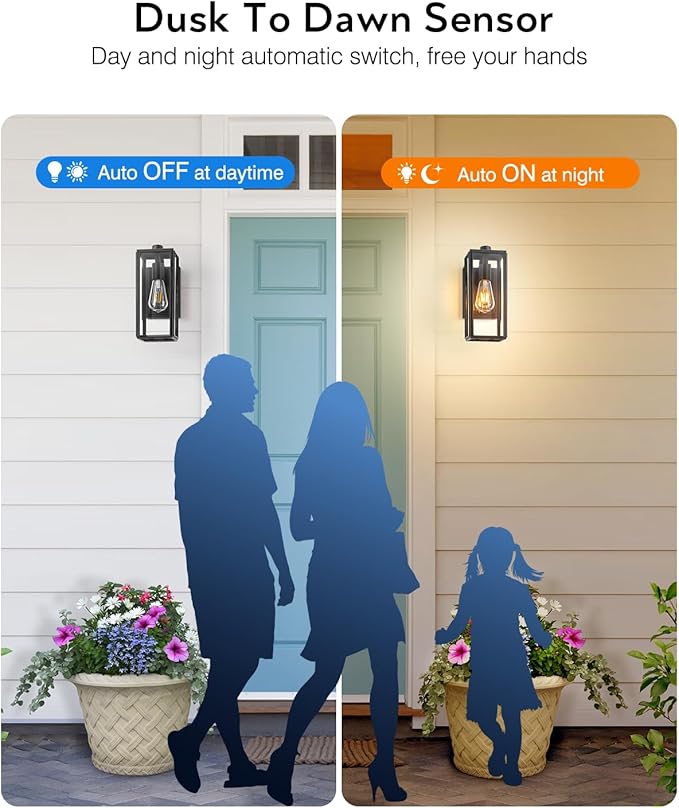 VIANIS Dusk to Dawn Outdoor Wall Lanterns,Black Exterior Light Fixture Wall Mount for House Front Porch,Anti-Rust Aluminium Modern Outdoor Coach Lantern with Tempered Glass Shade for Garage