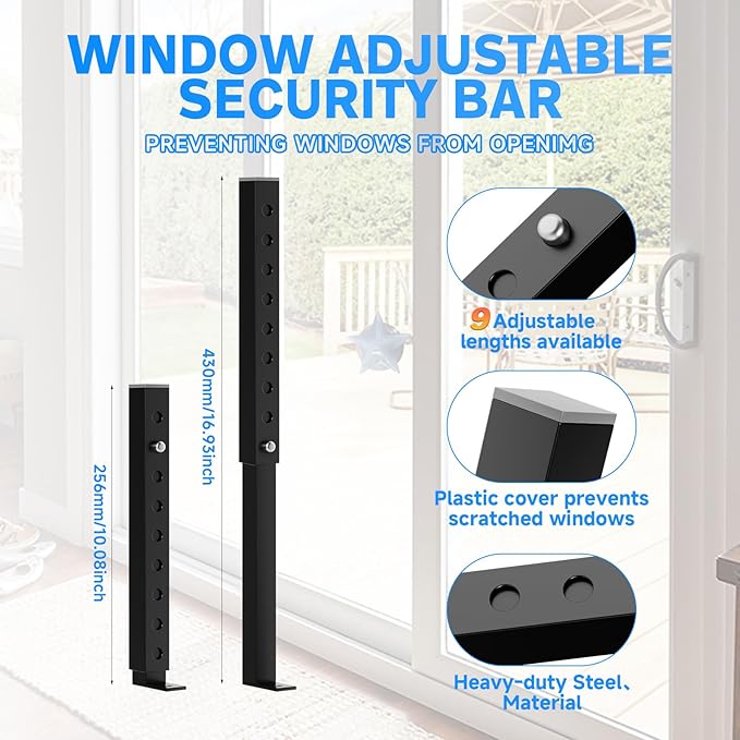 Adjustable Window Lock Bars Vertical, Small Window Bars Security Inside, Window Locks for Up and Down Windows, Window Ac Unit Ssecurity Bars Extends from 9.8-16.7 in -Black (Steel 4 Pcs)