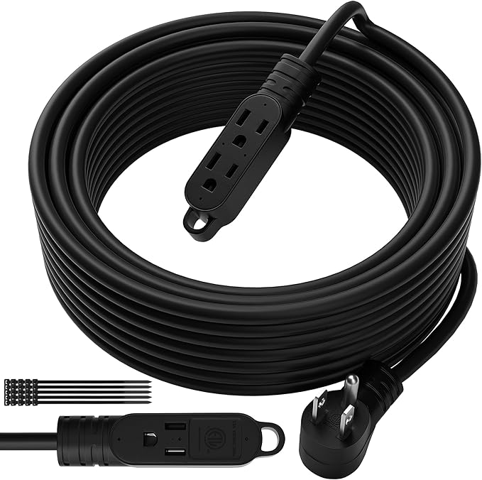 3 Prong Power Extension Cord with Multiple Outlets 50 FT, 16/3 Gauge Multi 3 Outlet Wire, 90 Degree Angled Male Plug, 16 AWG Grounded Wire (13A 125V 1625W), ETL Listed, Black Cable with 25 Cable Ties