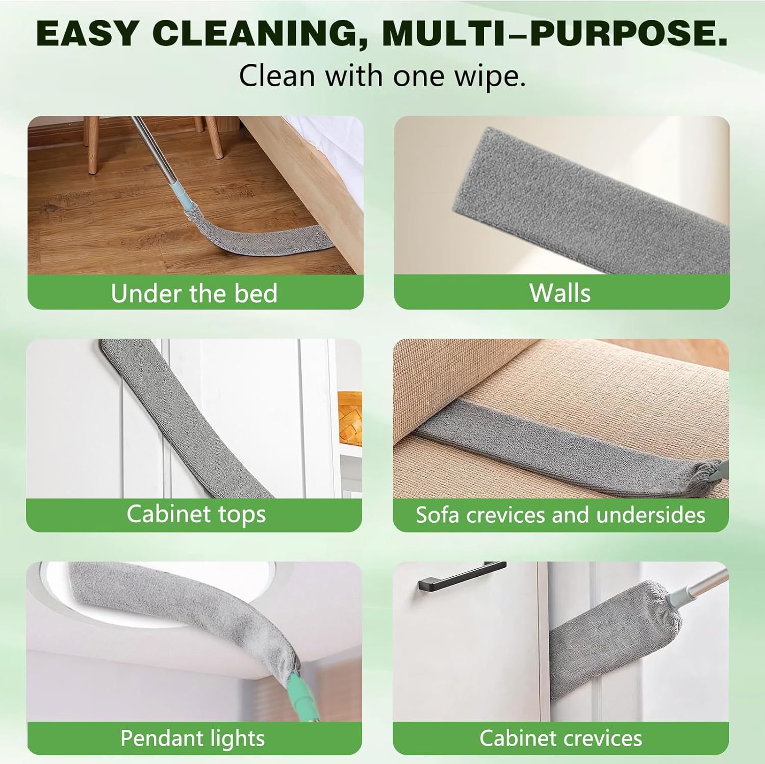 Retractable Gap Dust Cleaning Tool with 2 Microfiber Dusting Cloths,Flat Duster with Extension Pole,Extendable Microfiber Duster with Bendable & Removable Head,Reusable Washable Dusting Wand