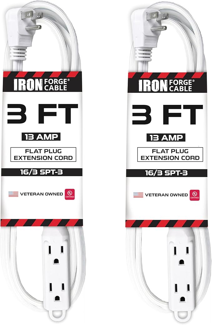 Iron Forge Cable 2 Pack 3 ft Flat Plug White Extension Cord with 3 Outlets - 16/3 SJTW 3 Prong Indoor Extension Cord with Multiple Outlets