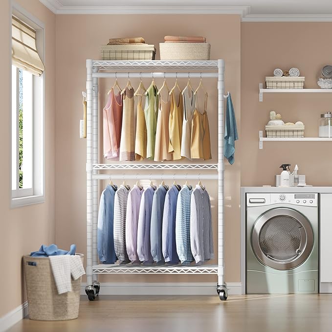 VIPEK R2 Medium Heavy Duty Clothes Rack Rolling Clothing Rack Adjustable Metal Wire Shelving Portable Closets with Double Hanging Rods, Side Hooks, Freestanding Closet Racks Wardrobe, White