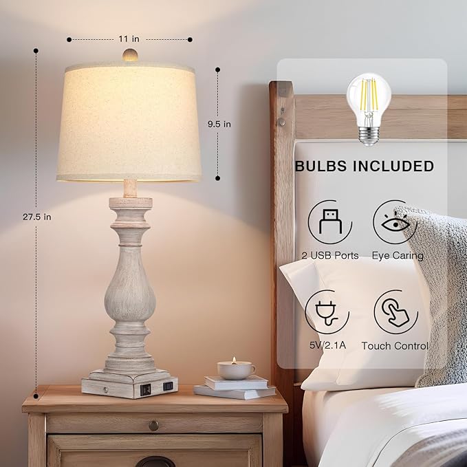27.5" Tall Farmhouse Lamp,Wash-Grey Vintage Bedside Lamp with USB Charging Ports A/C,3-Way Dimmable Touch Control Retro Lamps for Bedroom Living Room,Single Grey