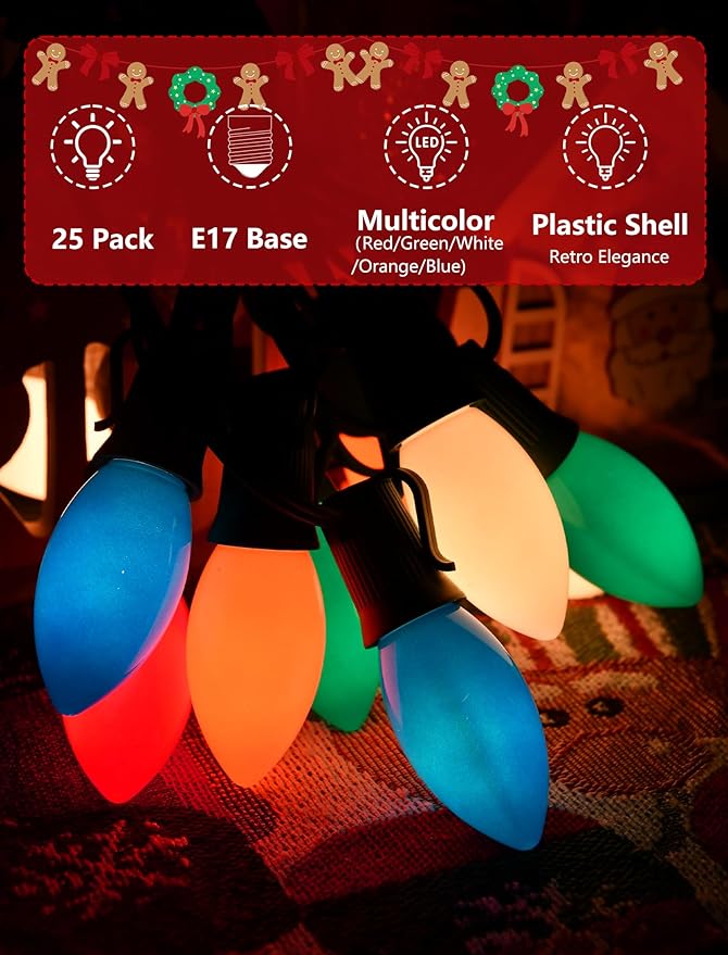 SUNSGNE C9 LED Christmas Multicolor Replacement Light Bulbs, 25 Pack Vintage Shatterproof Colored Christmas Light Bulbs, E17 Intermediate Base