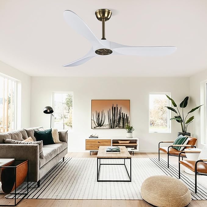 52" 3 Blade Ceiling Fan Without Light, Farmhouse Rustic Wooden Flush Mount Ceiling Fan no Light with Remote for Indoor/Outdoor - High End Silent Operation, White & Gold, 52 Inch