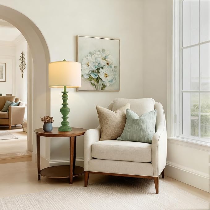 BOBOMOMO 27" Sage Green Table Lamps Set of 2, Large Farmhouse Resin Lamps with Linen Shades, Green Vintage Lamps for Living Room, Bedroom, or Entryway, Rustic Elegant Home Décor