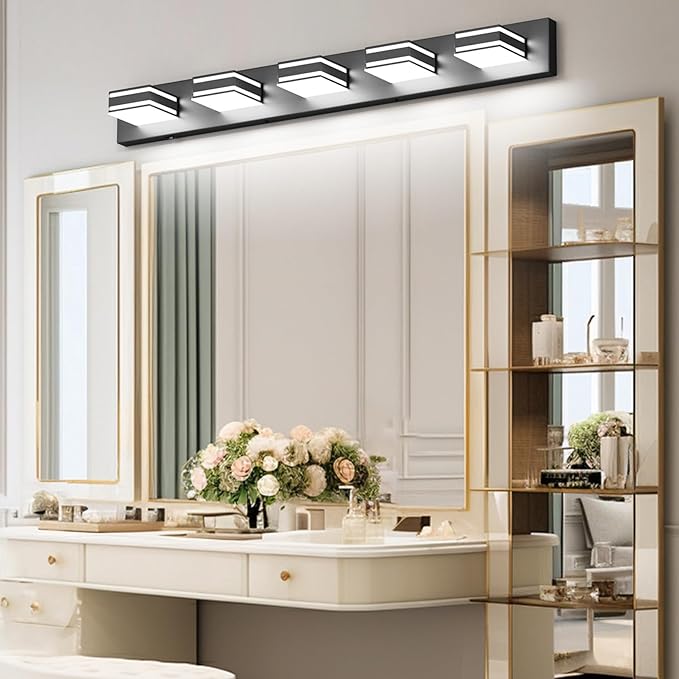 Ralbay 40.5inch Black Vanity Light with 5 Color Temperatures (3000K-6000K) Dimmable Metal Acrylic Modern LED Matte Black Bathroom Lighting Over Mirror (5-Light)