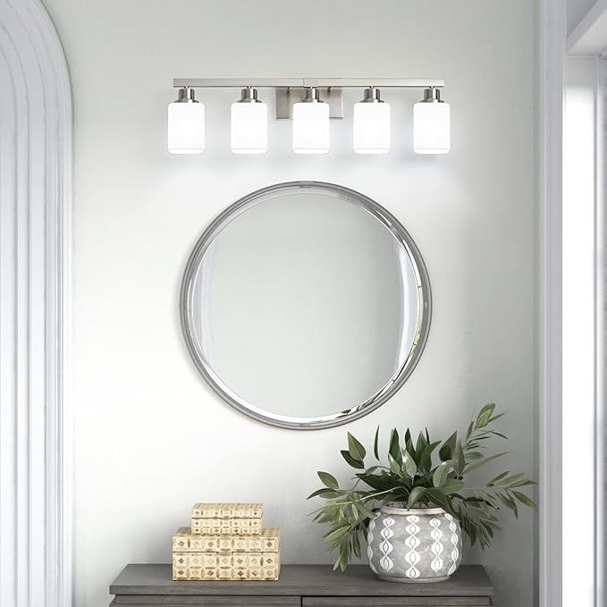 5-Light Bathroom Vanity Light,Brushed Nickel Vanity Lights with Square Frosted Glass,Modern Bathroom Wall Lights Fixtures Over Mirror,Wall Sconces Lighting for Bedroom Living Room,E26