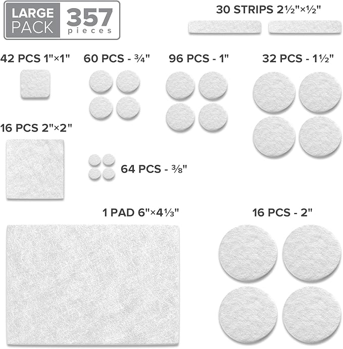 357 pcs White Felt Furniture Pads X-Protector! Huge Quantity of Furniture Pads for Hardwood Floors with Many Big Sizes – Your Ideal Wood Floor Protectors for Furniture. Protect Any Type of Hard Floor!
