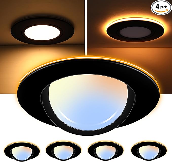 [4 Pack] CLOUDY BAY 6 inch 5 Color Swivel LED Gimbal Recessed Light with Night Light,12W CRI80+ 850LM,2700K/3000K/3500K/4000K/5000K,Canless Angled Adjustable Ceiling Downlight,Black