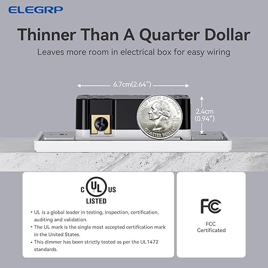 ELEGRP Dimmer Light Switch for 300W Dimmable LED/CFL Lights and 600W INC/HAL Bulbs, Single Pole/3-Way LED Slide Dimmer Light Switch, Wall Plate Included, UL Listed, 10 Pack, White