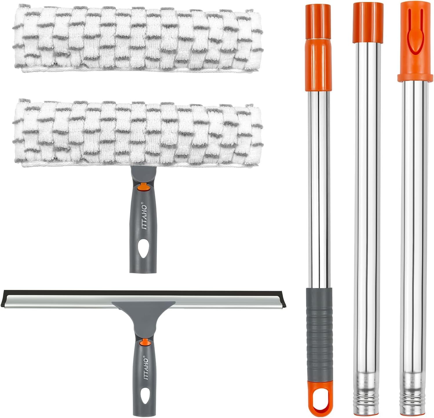 ITTAHO Squeegee for Window Cleaning,12" Squeegee and 11" Microfiber Scrubber Combi with Stainless Steel Pole,Extendable Window Cleaner for Car,Sliding Door,Shower Glass Door-Swivel Style-2 Pads