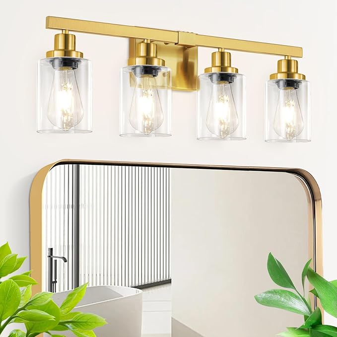 Bathroom Vanity Light, 4-Light Modern Matte Gold Wall Sconce Lighting with Clear Glass Shade, Black Wall Lights,Bath Vintage Wall Mounted Lamps for Mirror Bedroom Living Room
