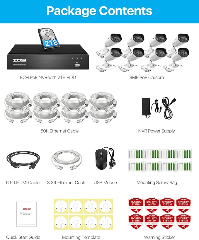 ZOSI 8CH 4K Spotlight PoE Security Camera System,8pcs 8MP/4K Outdoor Indoor IP Cameras,Person/Vehicle Detection,2 Way Audio,Night Vision,8Channel 8MP NVR with 2TB HDD for Home 24/7 Recording