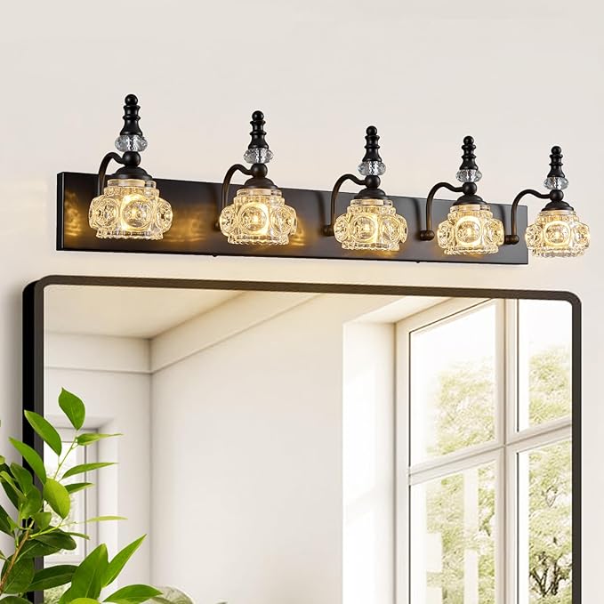 Modern Crystal Bathroom Vanity Light Black Vintage Bathroom Light Fixtures 5-Lights Glass Crystal Vanity Lights
