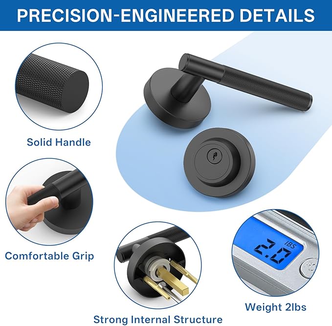 Amerdeco Front Door Lock Set with Double Cylinder Deadbolt, Black Exterior Entry Door Lever, Heavy Duty Entry Door Locksets for Left or Right Hand Exterior Door（Black 1 Pack）