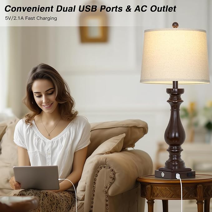 29" Tall Farmhouse Table Lamp for Living Room Set of 2,Vintage Retro Nightstand Lamps with USB C+A Ports & AC Outlet,3-Way Dimmable Touch Bedside Lamp for Bedroom Side Table,Dark Brown