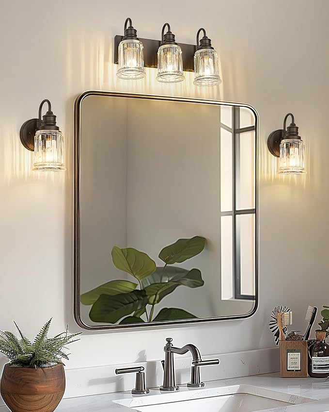 3 Light Bathroom Vanity Light - HWH Bathroom Lights Over Mirror Farmhouse Vanity Sconce Wall Lighting with Bell-Shaped Clear Glass, Oil-Rubbed Bronze Finish, 5HZG106B-3W ORB
